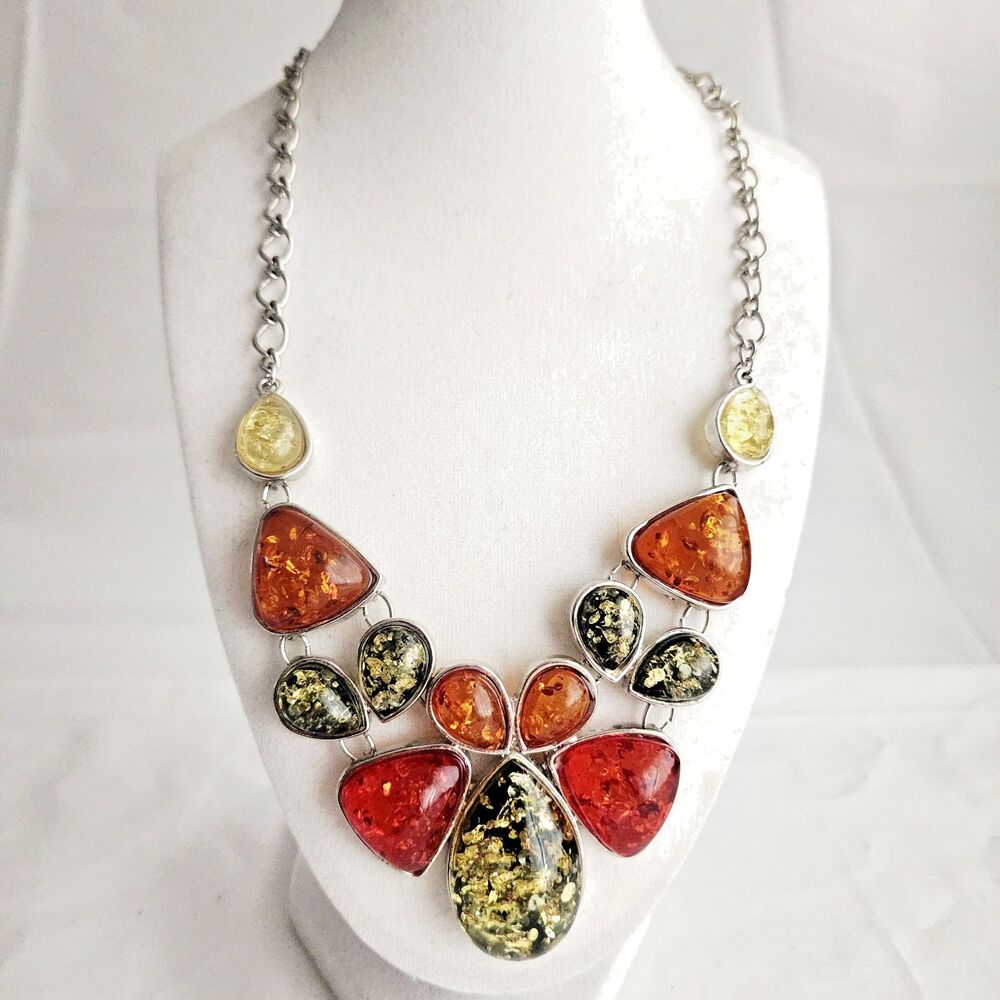 Faux Amber Multicolor Cabochon Bib Necklace Silver Tone Boho Maximalist